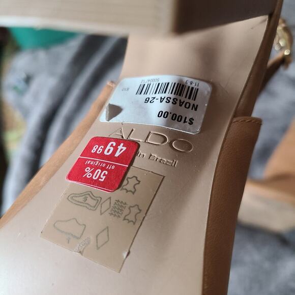 Women 8.5 ALDO Camel Leather Chunky Heel Peep Toe Slingback Bootie Heels Shoes‎ - Picture 8 of 8